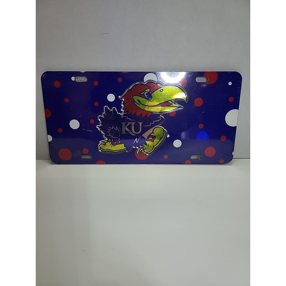 KU UNIVERSITY OF KANSAS Blue/red/white Polka Dot Mirrored Jayhawk License Plate - Picture 2 of 5